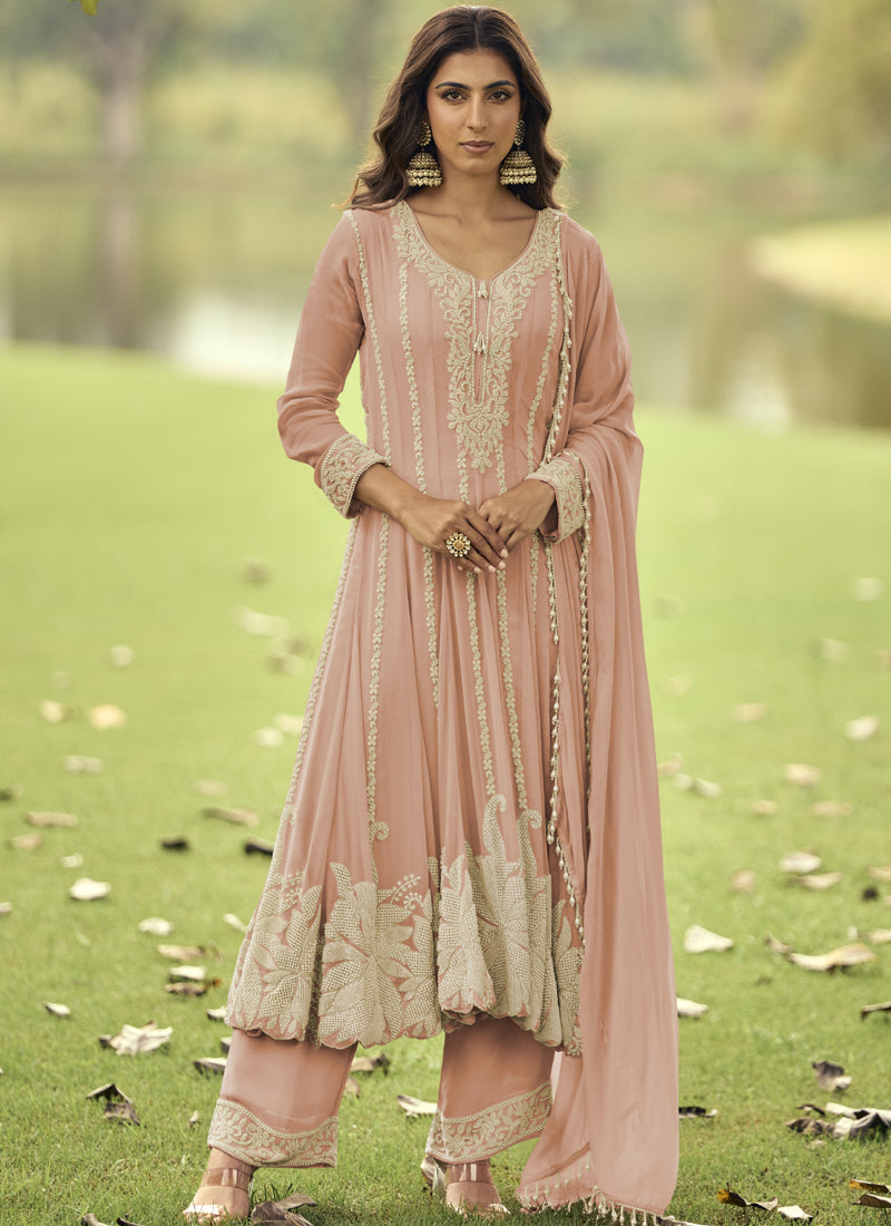 Vegaa Fashion Peach Embroiderd Premium Georgette Anarkali Suit
