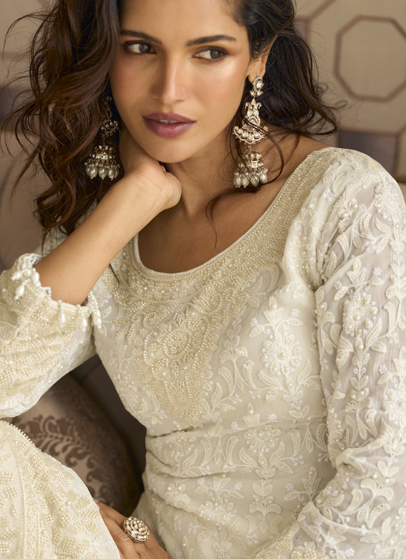 Vegaa Fashion Off White Georgette Embroidered Beads Work Palazzo Suit