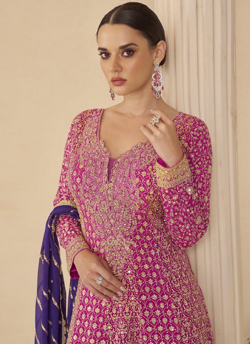 Vegaa Fashion Pink Georgette Embroidered Seroski Zarkan Work Palazzo Suit