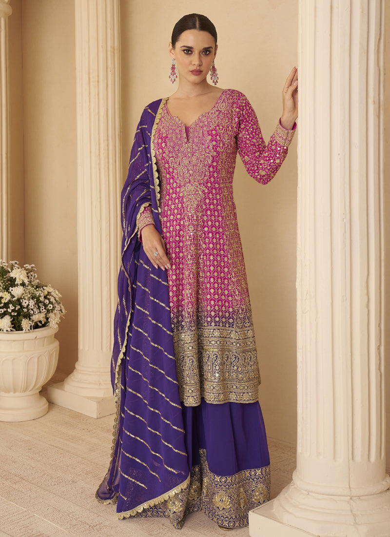 Vegaa Fashion Pink Georgette Embroidered Seroski Zarkan Work Palazzo Suit