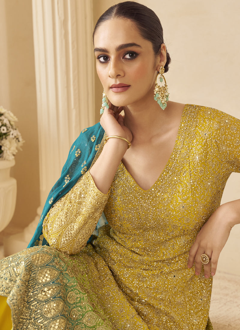Vegaa Fashion Yellow Georgette Embroidered Seroski Zarkan Work Palazzo Suit