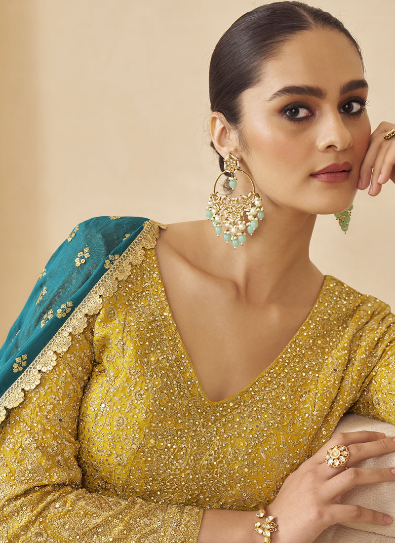 Vegaa Fashion Yellow Georgette Embroidered Seroski Zarkan Work Palazzo Suit