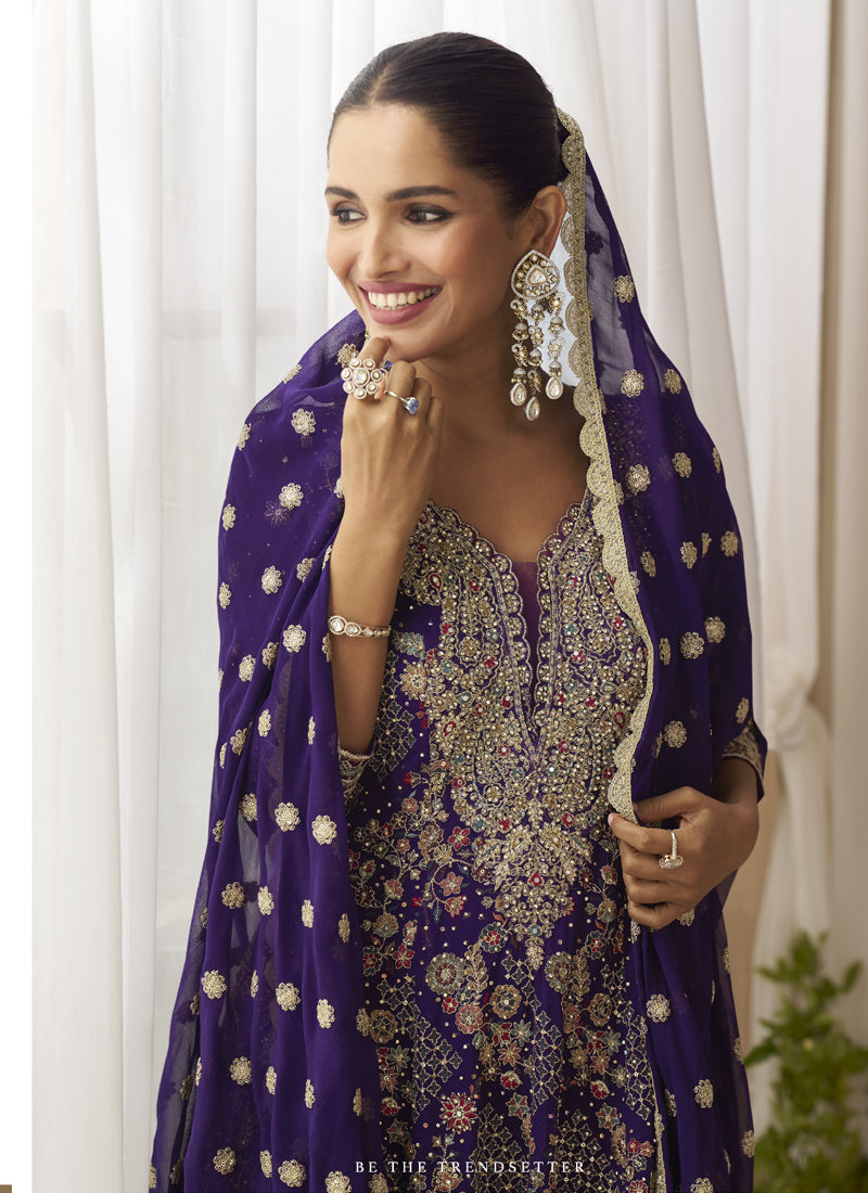 Vegaa Fashion Violet Georgette Embroidered Seroski Zarkan Work Palazzo Suit