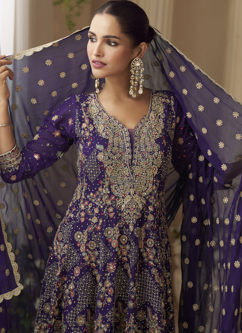 Vegaa Fashion Violet Georgette Embroidered Seroski Zarkan Work Palazzo Suit
