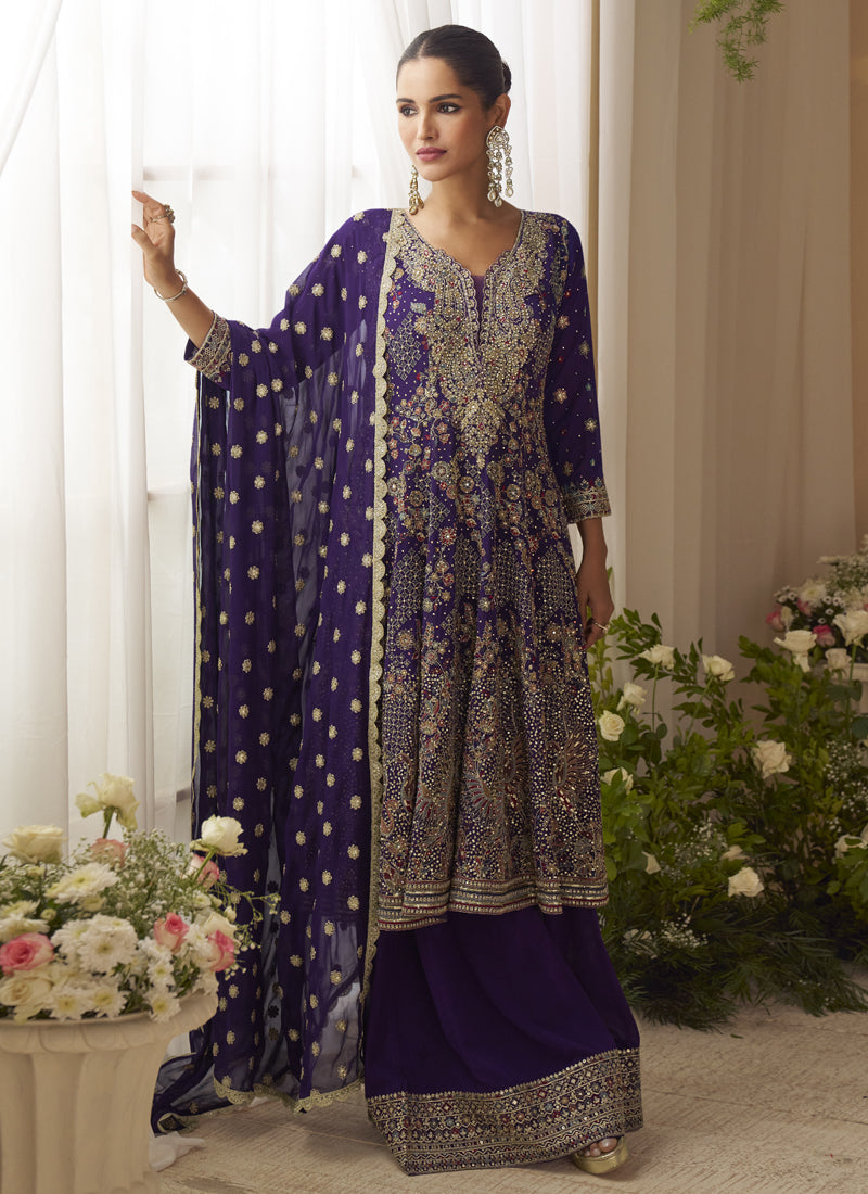 Vegaa Fashion Violet Georgette Embroidered Seroski Zarkan Work Palazzo Suit
