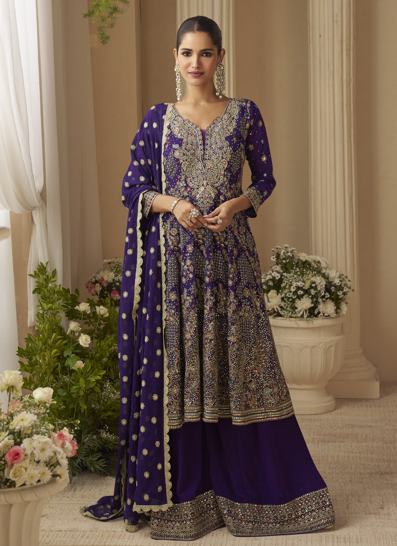 Vegaa Fashion Violet Georgette Embroidered Seroski Zarkan Work Palazzo Suit
