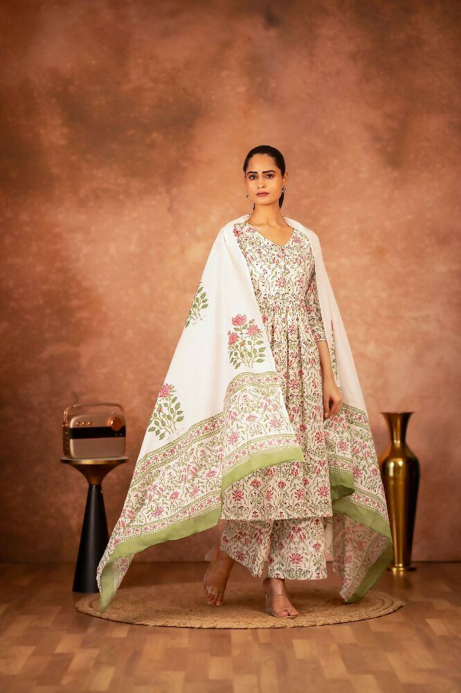 Joban Fashion Green Pink Hand Block Printed Cotton Suit Set