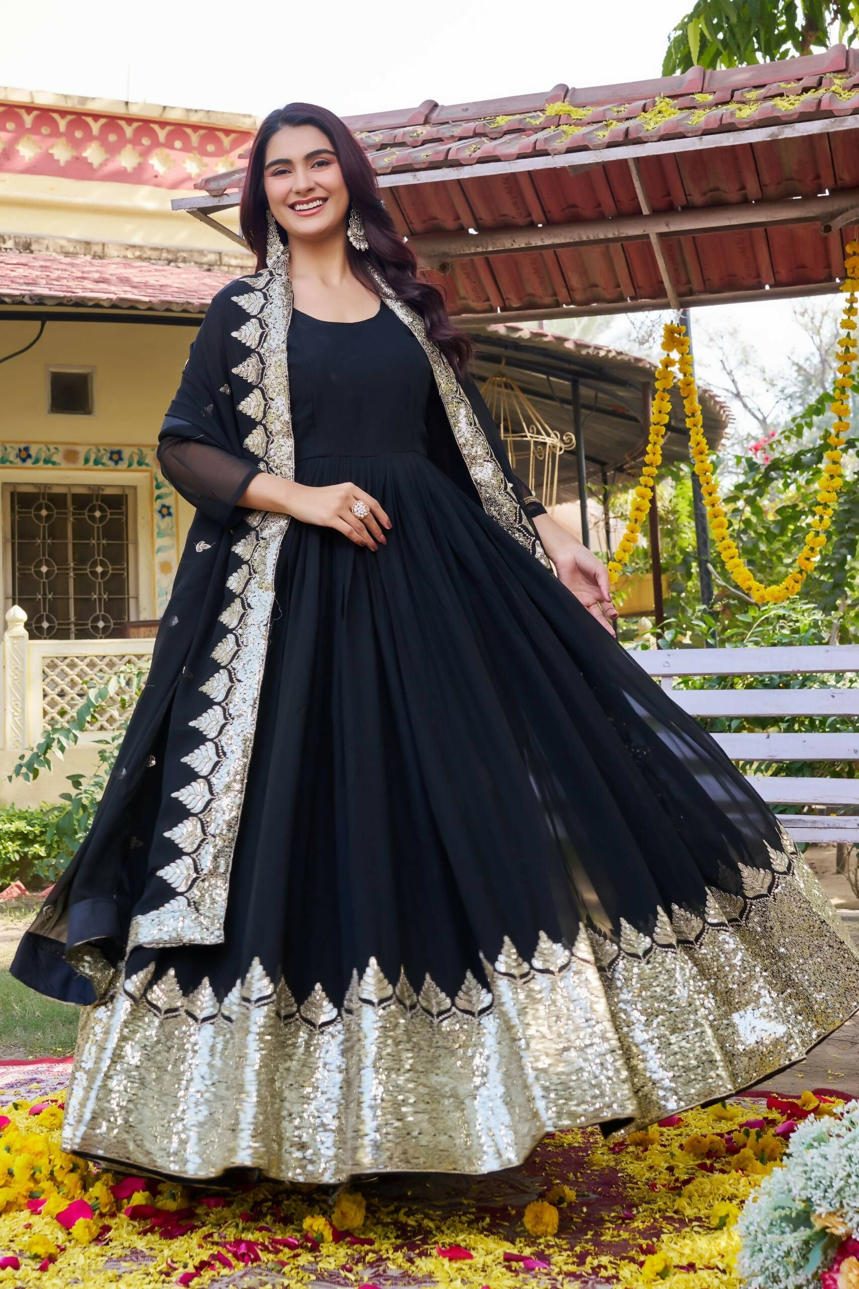 Teeya Creation Womens New Stylish Heavy Sequence Embroidery Work Black Gown Set