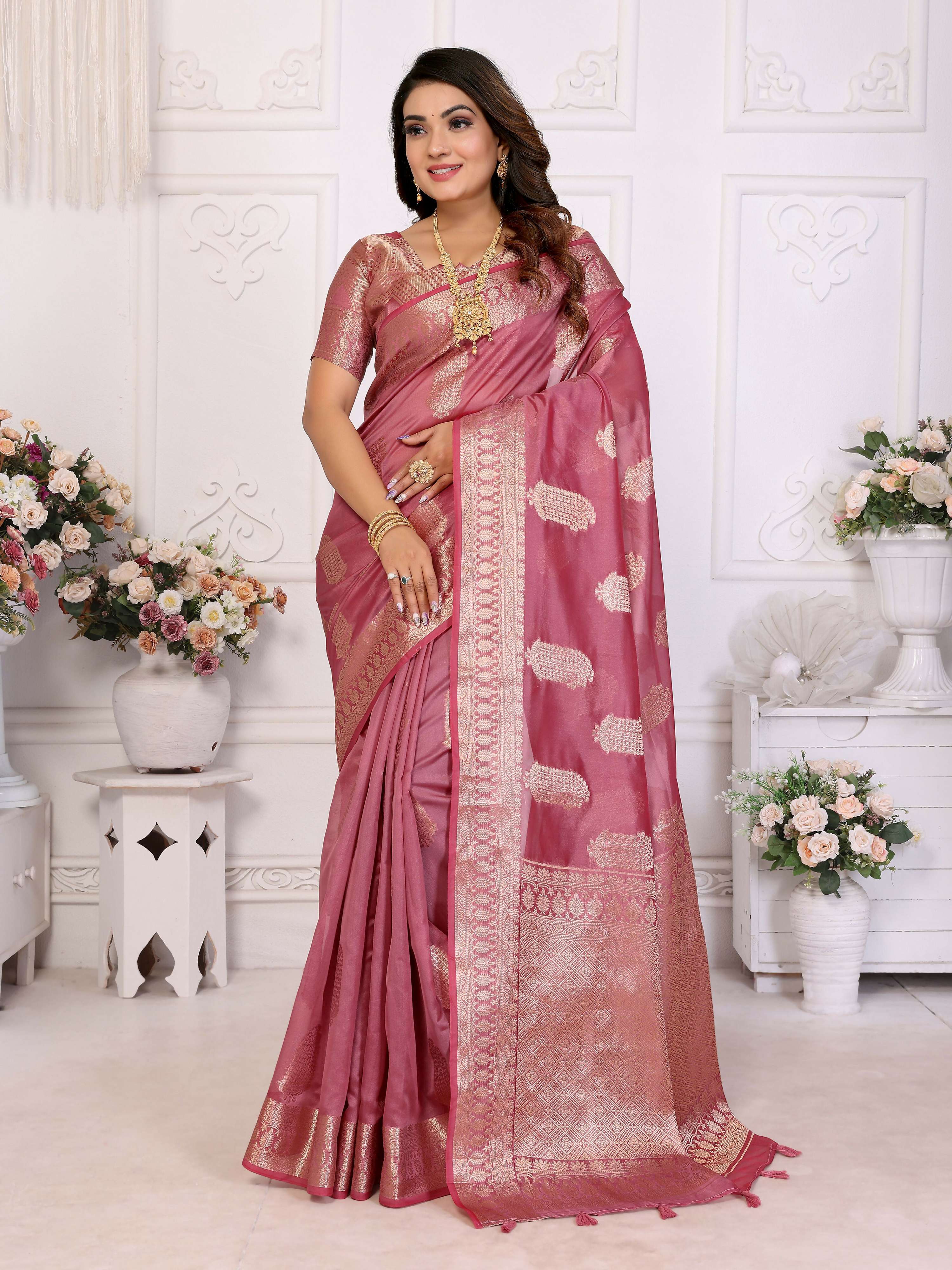 Aastha Fashion Dusty Rose Soft Organza Silk Weaving Saree