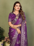 Anaita Violet Zari Butta Work Satin Silk Saree With Blouse