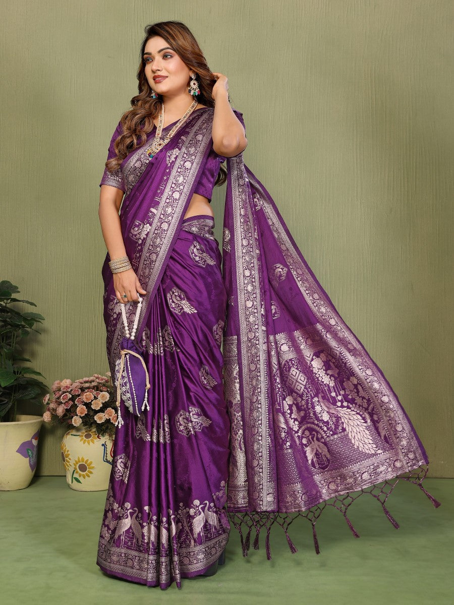 Anaita Violet Zari Butta Work Satin Silk Saree With Blouse