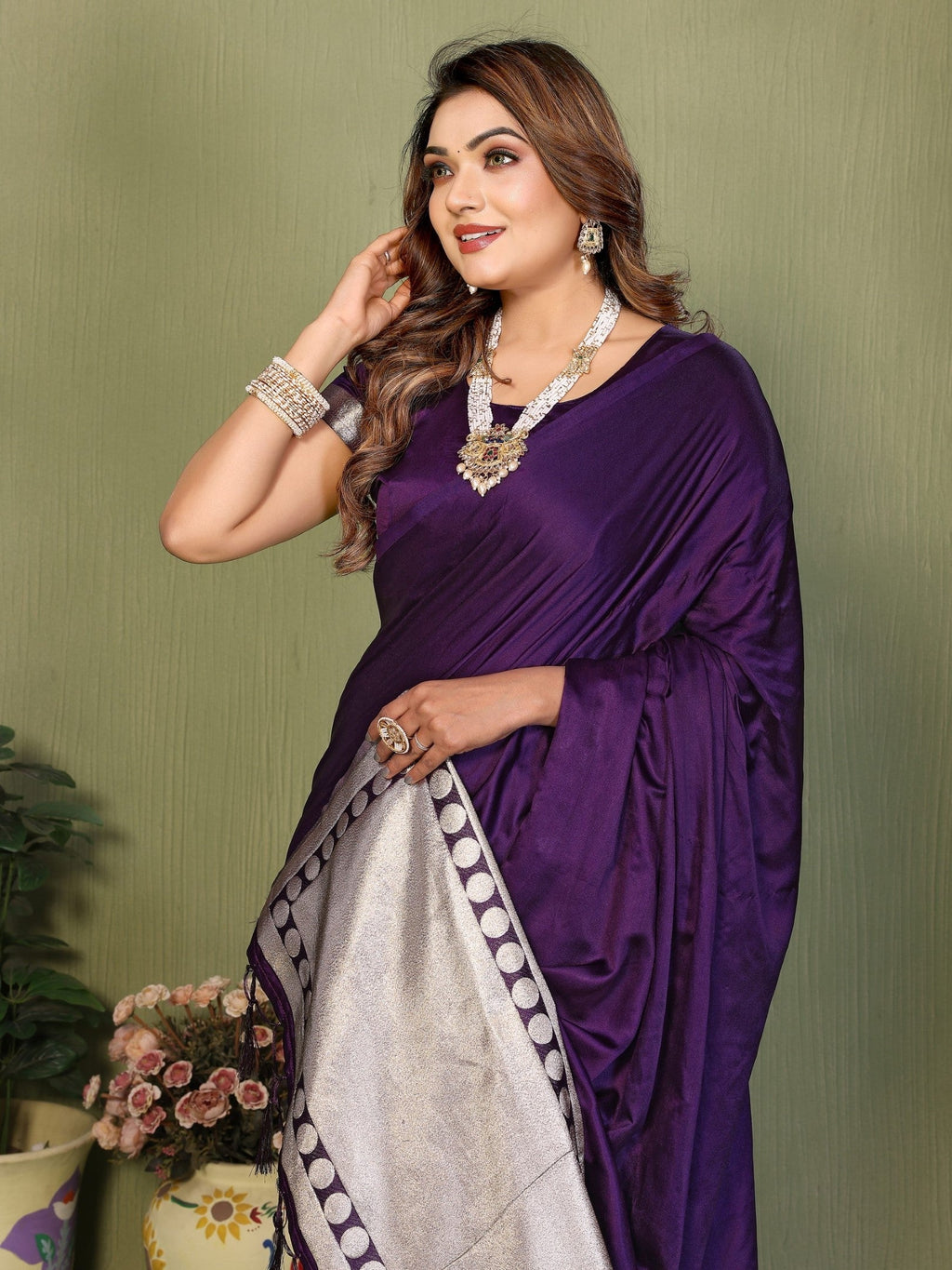 Anaita Violet Zari Weaving Work Satin Silk Saree With Blouse