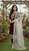 Joban Fashion Maroon Kurta Set Velvet Embroidery Sequence Work