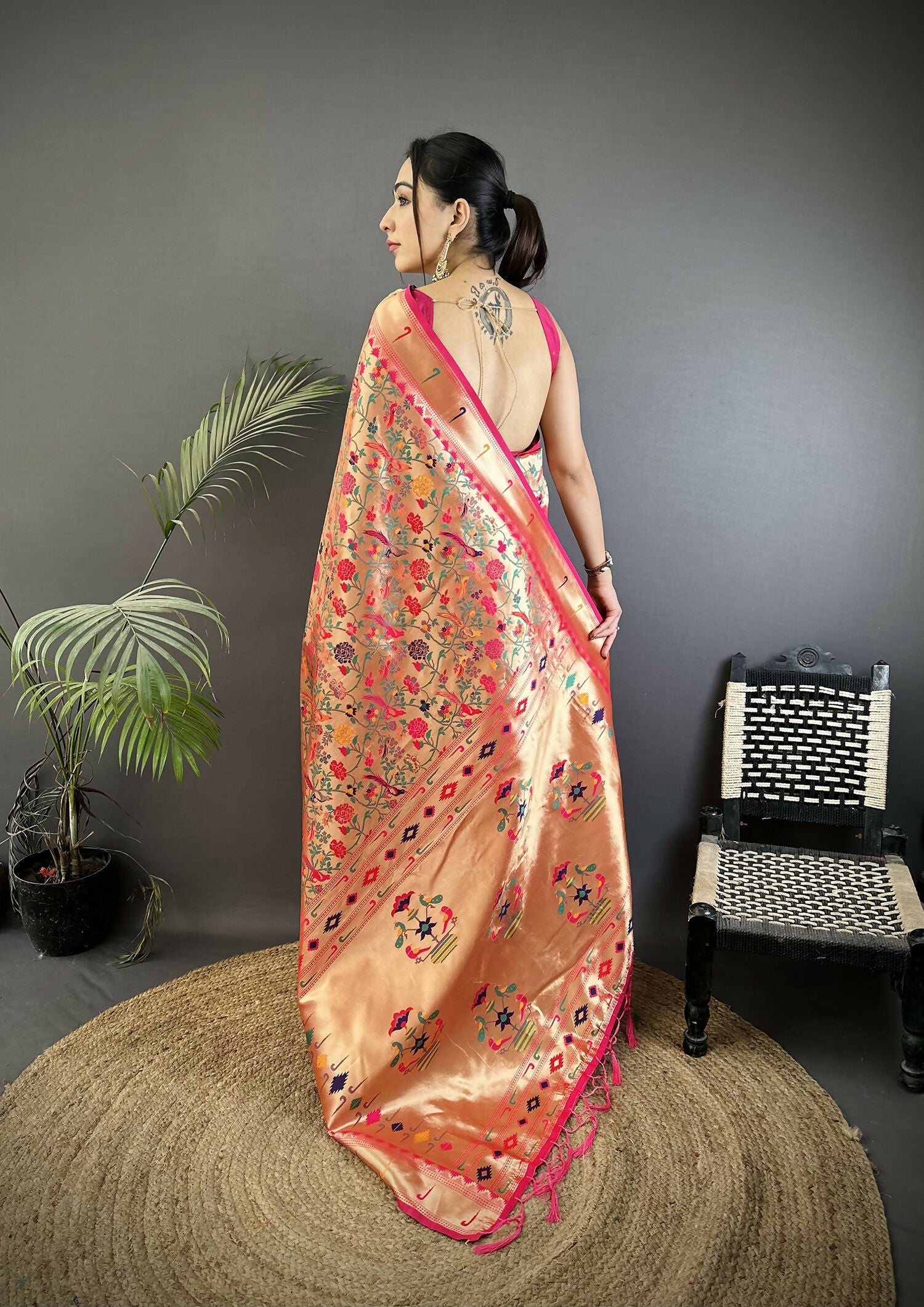 Joban Fashion Rani Pink Floral & Leaf Designs Soft Silk Paithani Saree