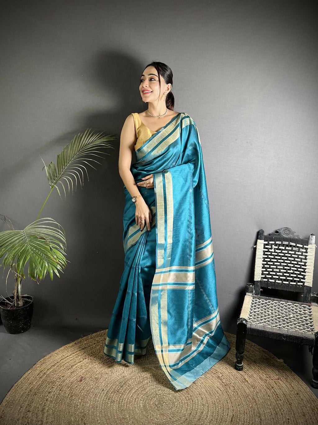 Joban Fashion Turquoise Woven Pattern Raw Silk Kanjivaram Silk Saree