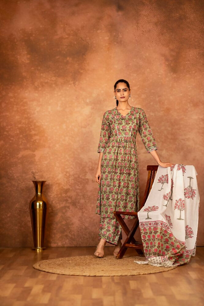 Joban Fashion Green Hand Block Printed Cotton Suit Set