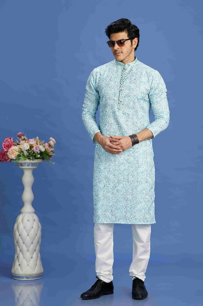 Raivat Ethnic Cotton Embroidery Kurta Pajama In Sky Blue Colour