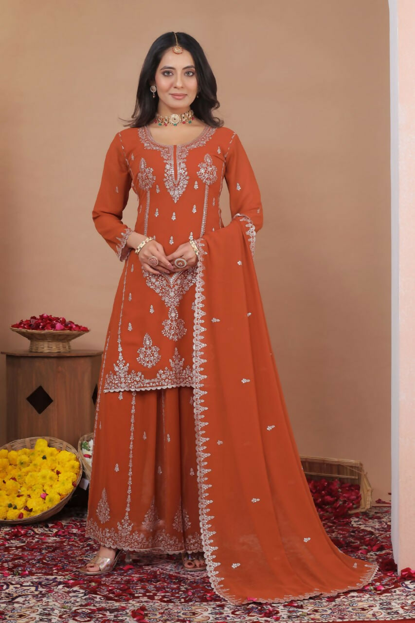 Teeya Creation Orange Color Faux Georgette Wedding Wear Trending Palazzo Set