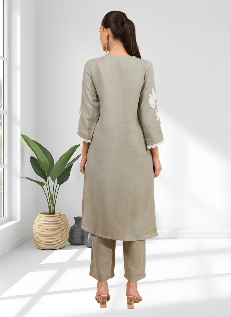 Joban Fashion Gray Linen Embroidered Readymade Long Kurta With Pant