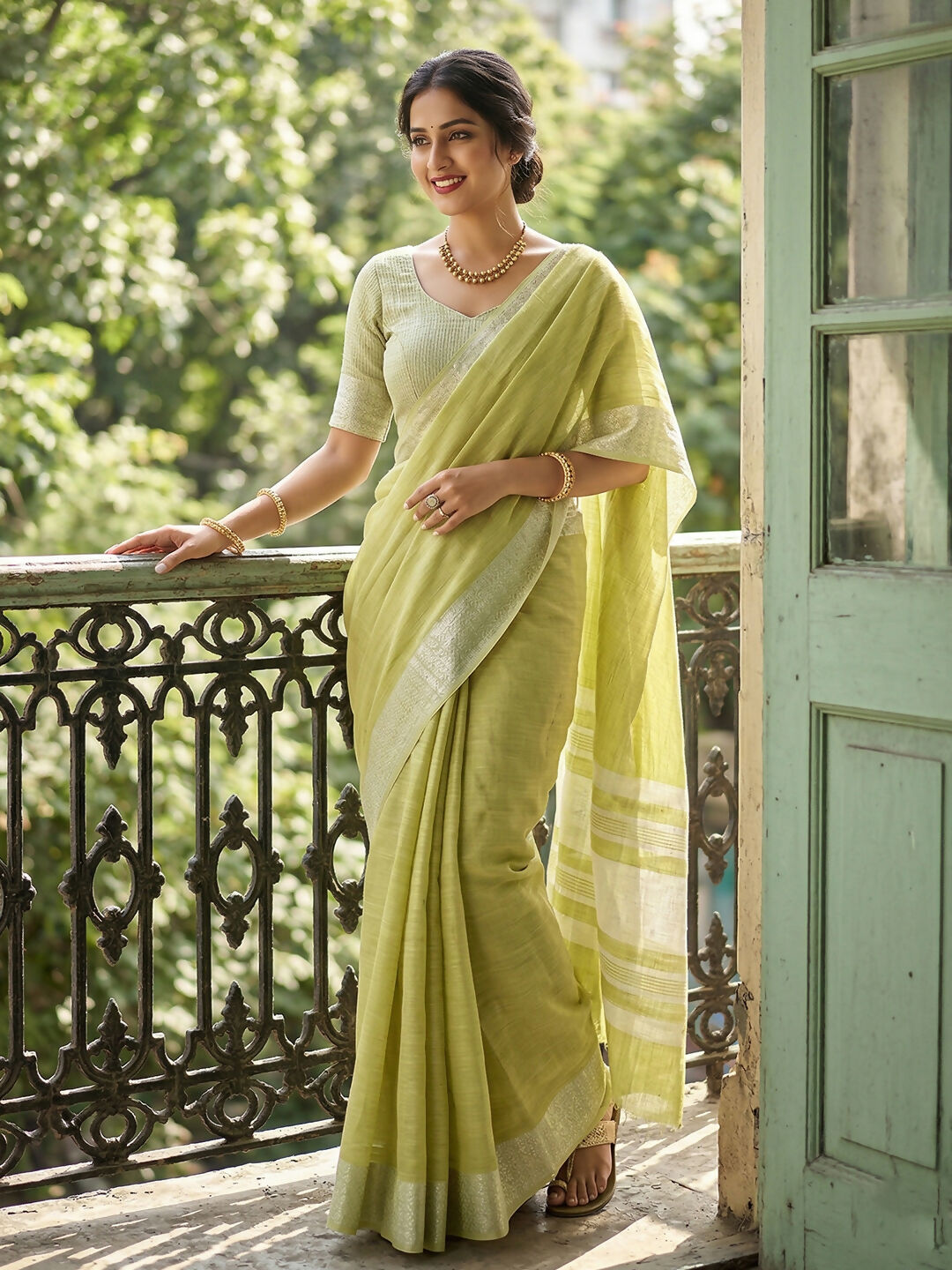 Shree Shyam Fashion Popat Green Linen Saree