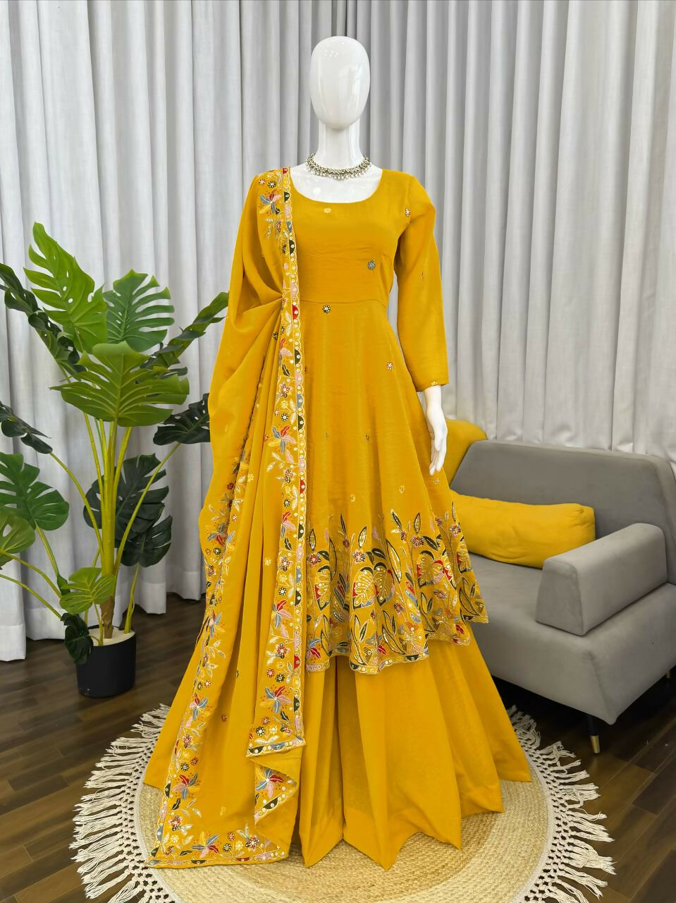 Teeya Creation Yellow Color Crunchy Silk Fancy Wedding Wear Palazzo Set