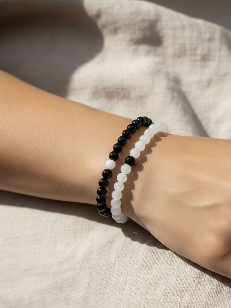 NVR Set of 2 Black & White crystal beaded Bracelet for Men & Women