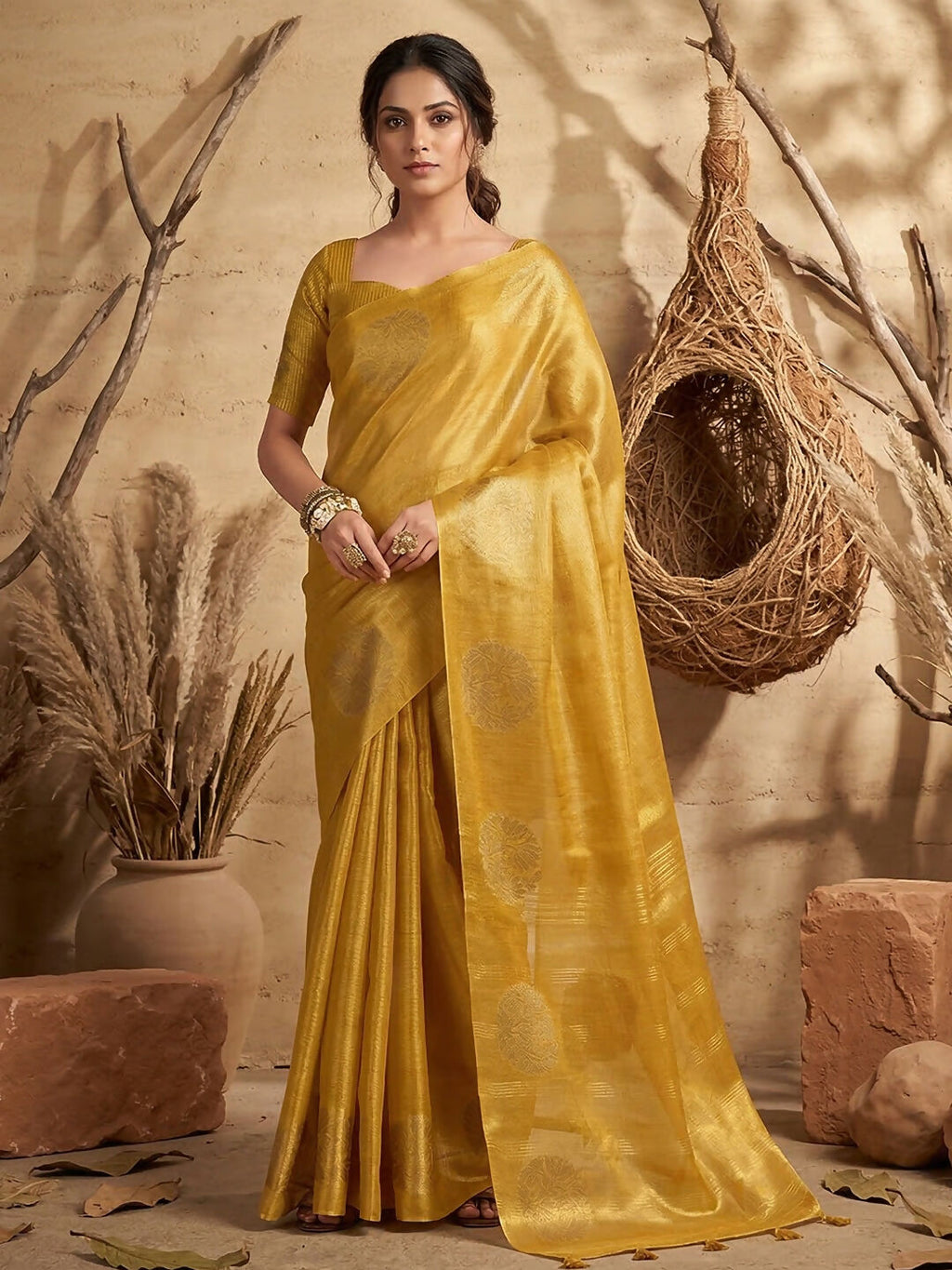 Shree Shyam Fashion Yellow Tissue Silk Saree