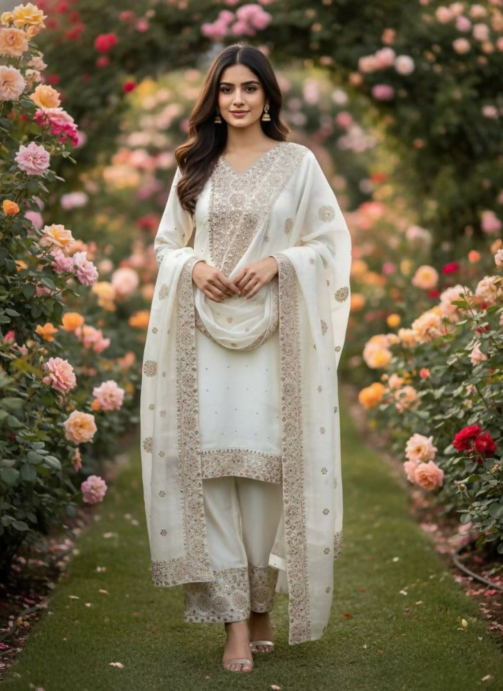 Teeya Creation White Color Fendy Silk Embroidery Work Wedding Wear Salwar Suit