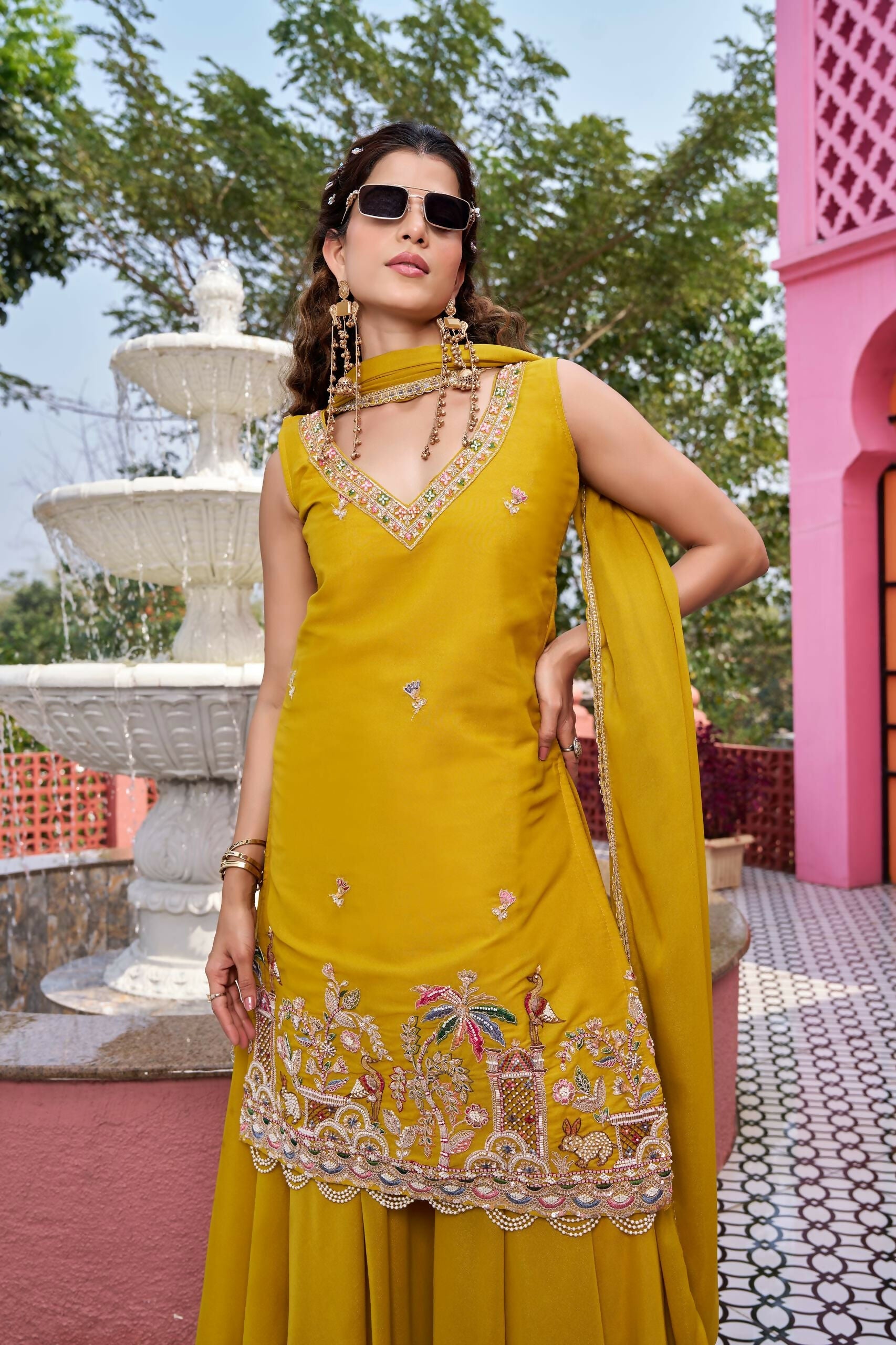 Teeya Creation Womens New Stylish Moti Beads With Cording Sequence Thread Embroidery Work Yellow Kurta Set