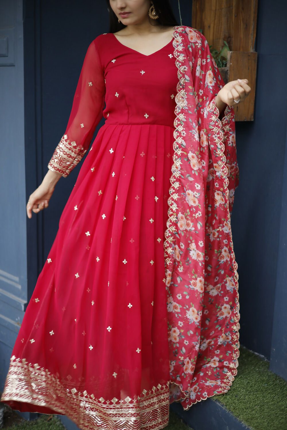 Aayaa Designer Embroidery Zari Sequins-Work Faux Blooming Georgette Suit - Red