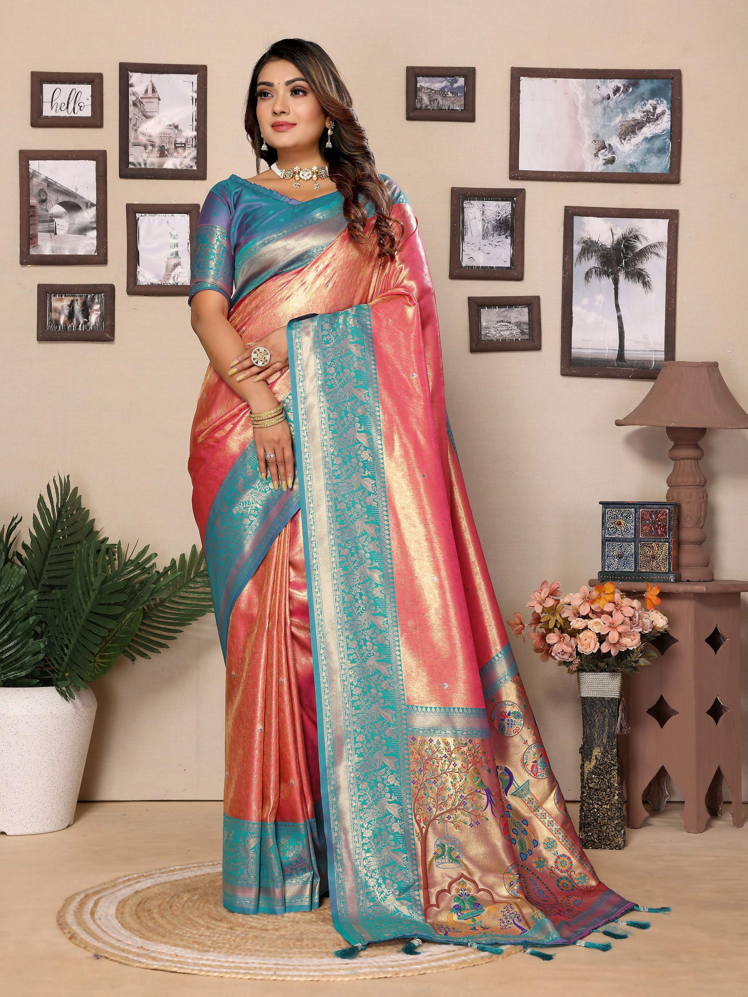 Aastha Fashion Pink Tissue Silk Weaving Saree
