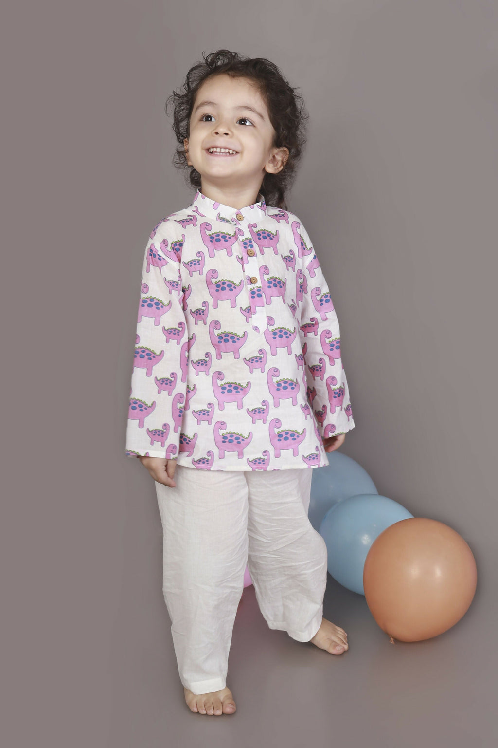 Breathables Kids Boys & Girls Cotton Night Suit – Purple Dinosaur Print Kurta & Pyjama Co-Ord Set