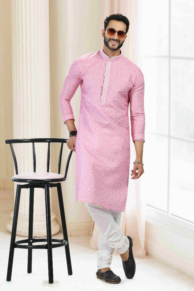 Raivat Ethnic Cotton Thread Work Kurta Pajama In Baby Pink Colour