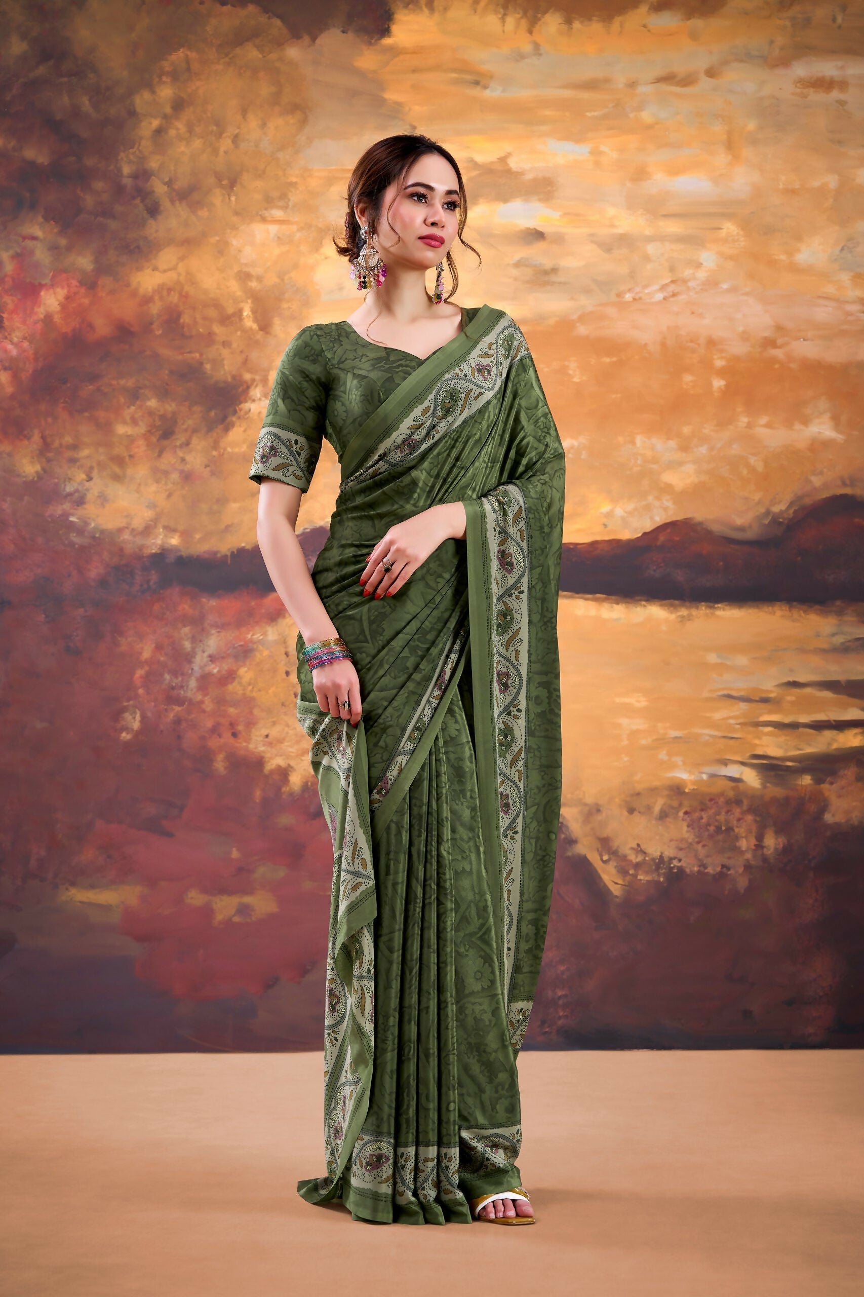 Vastranavya Mehendi Crepe Printed Saree with Unstitched Blouse