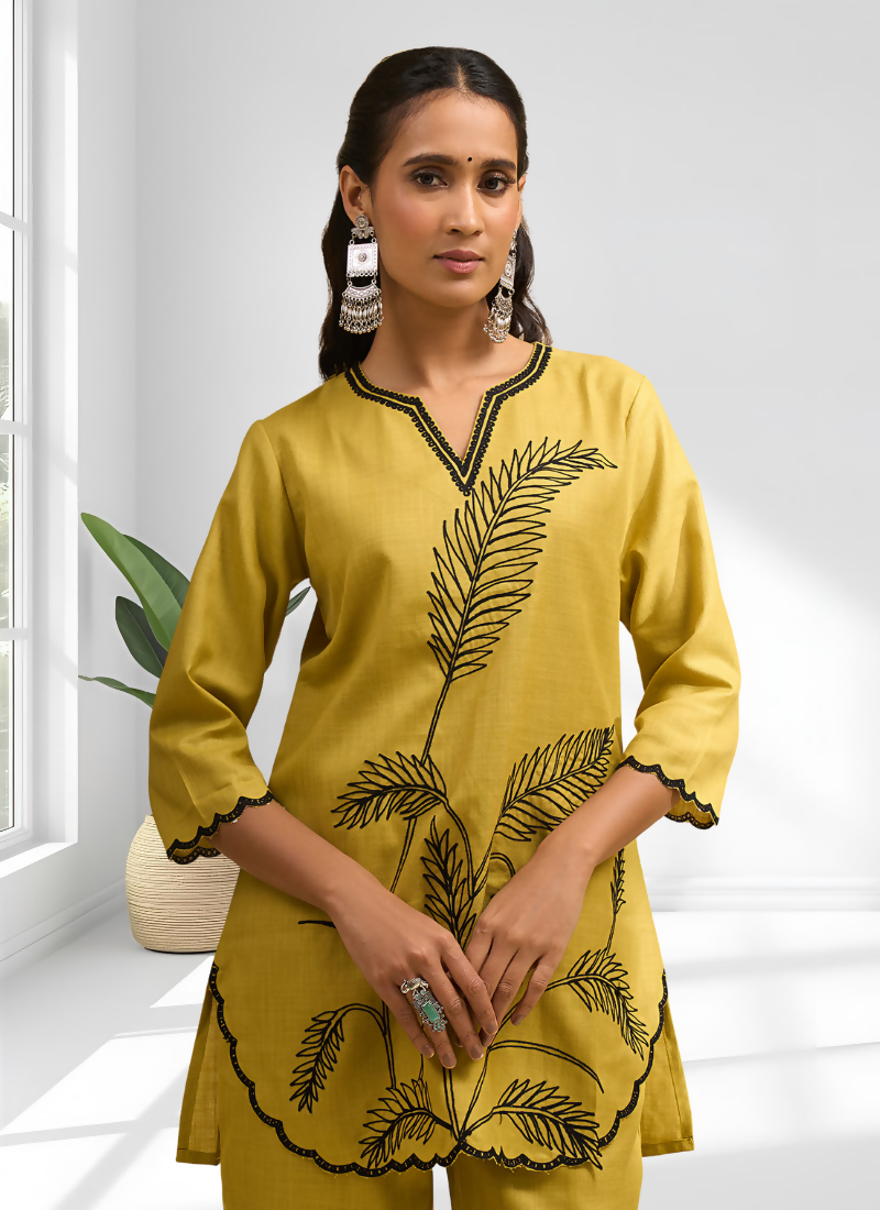Joban Fashion Yellow Cotton, Linen Embroidered Readymade Cord Set
