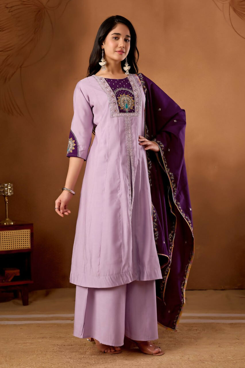 Lehenga Mart Designer Front-Slit Kurta, Paired With Wide-Leg Palazzo Pants And A Dupatta.-Lavender
