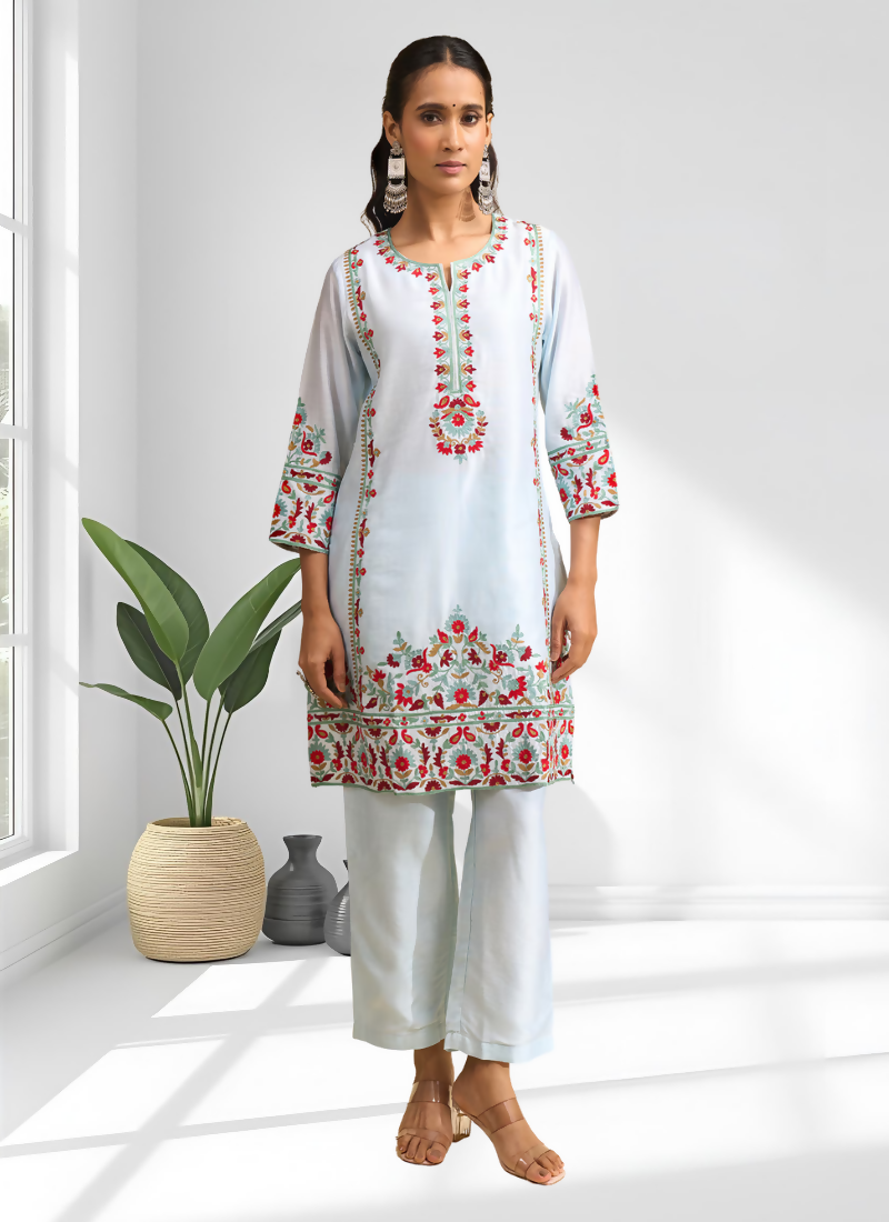 Joban Fashion Sky Blue Silk Embroidered Readymade Long Kurta With Pant
