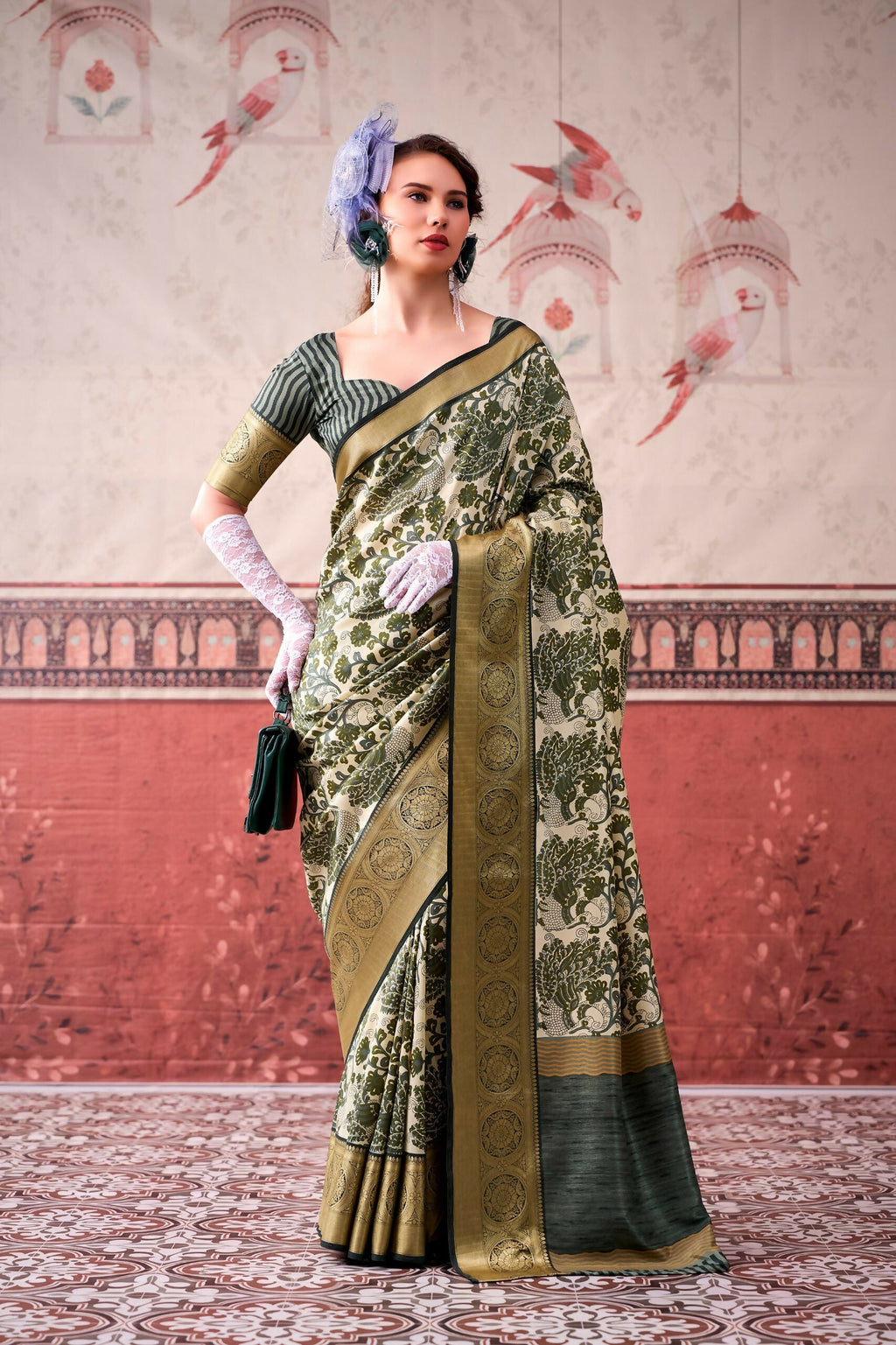 Vastranavya Mehendi Tussar Silk Printed with Viscose Border Saree & Unstitched Blouse