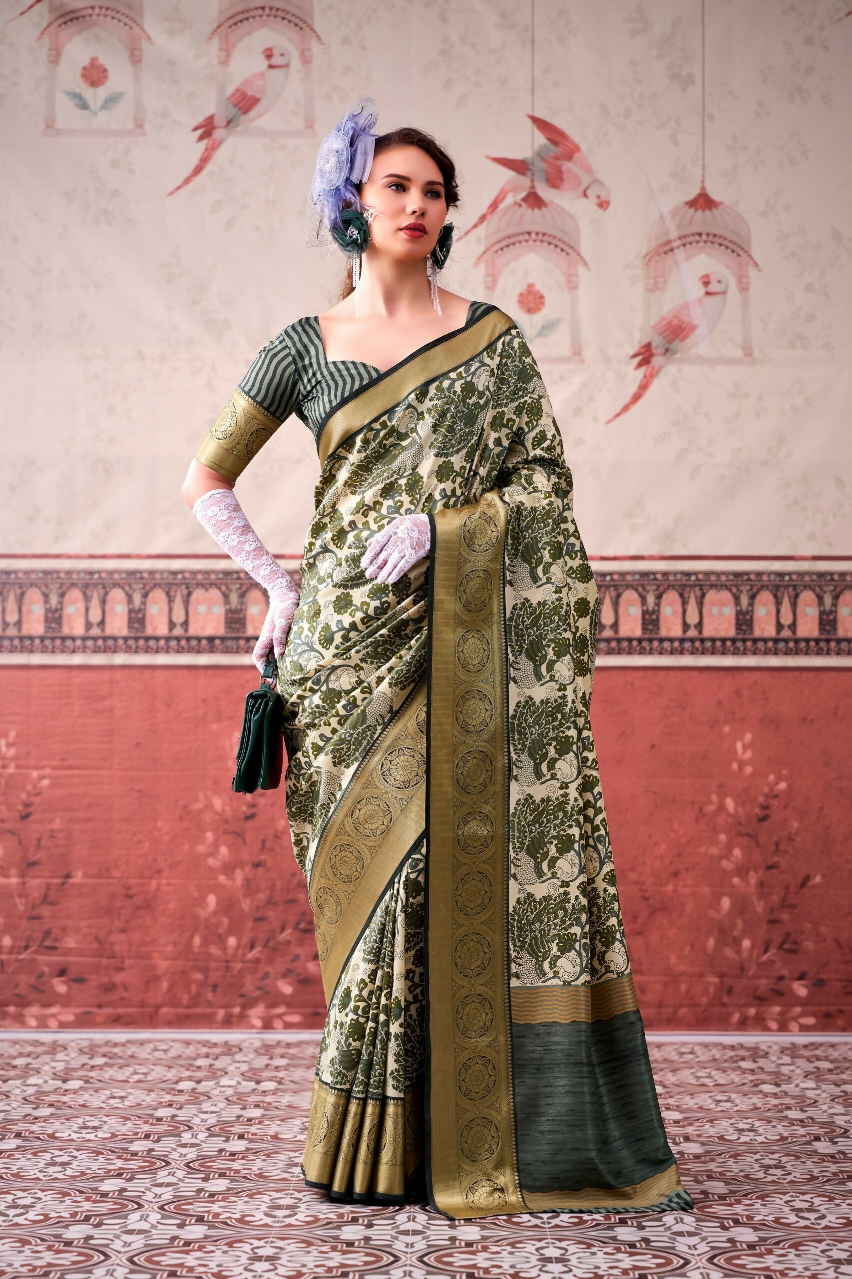 Vastranavya Mehendi Tussar Silk Printed with Viscose Border Saree & Unstitched Blouse