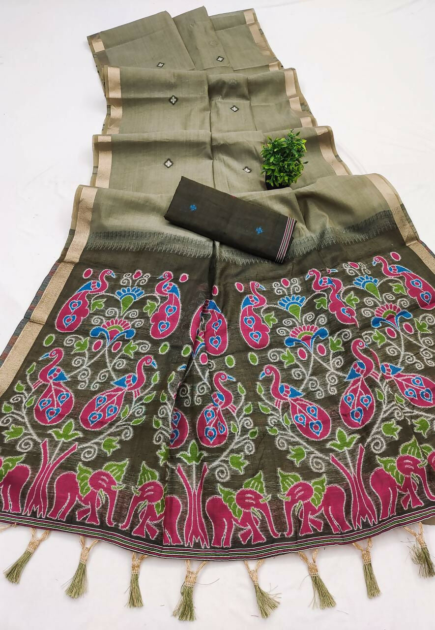 Vastranavya Mehendi Muga Cotton Meenakari & Azarakh Pallu Saree with Contrast Blouse