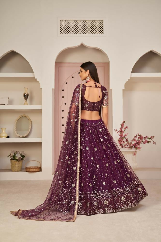 Aastha Fashion Wine Butterfly Net All Over Thread Work, Zari Work And Sandwich Sequence Work Embroidery Wedding Wear Lehenga Choli