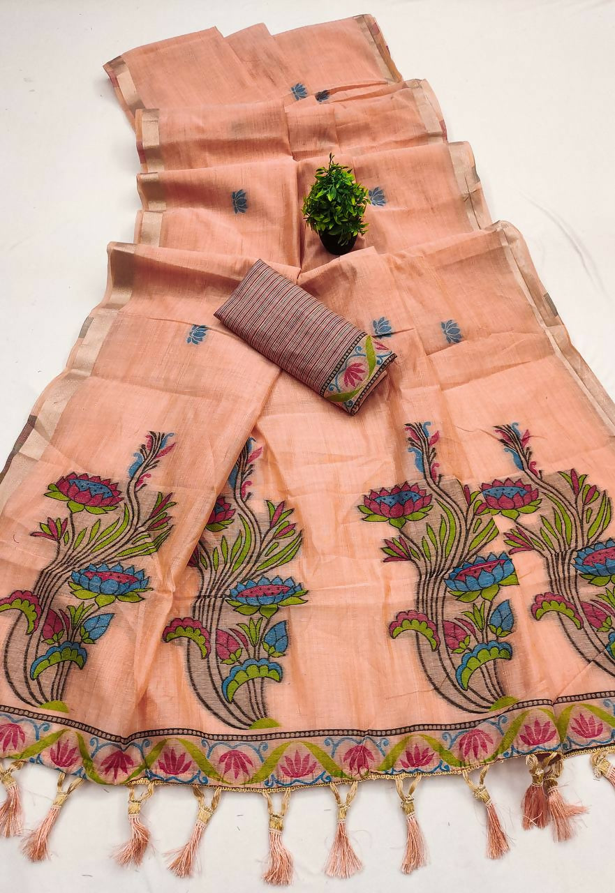 Vastranavya Peach Muga Cotton Meenakari & Azarakh Pallu Saree with Contrast Blouse