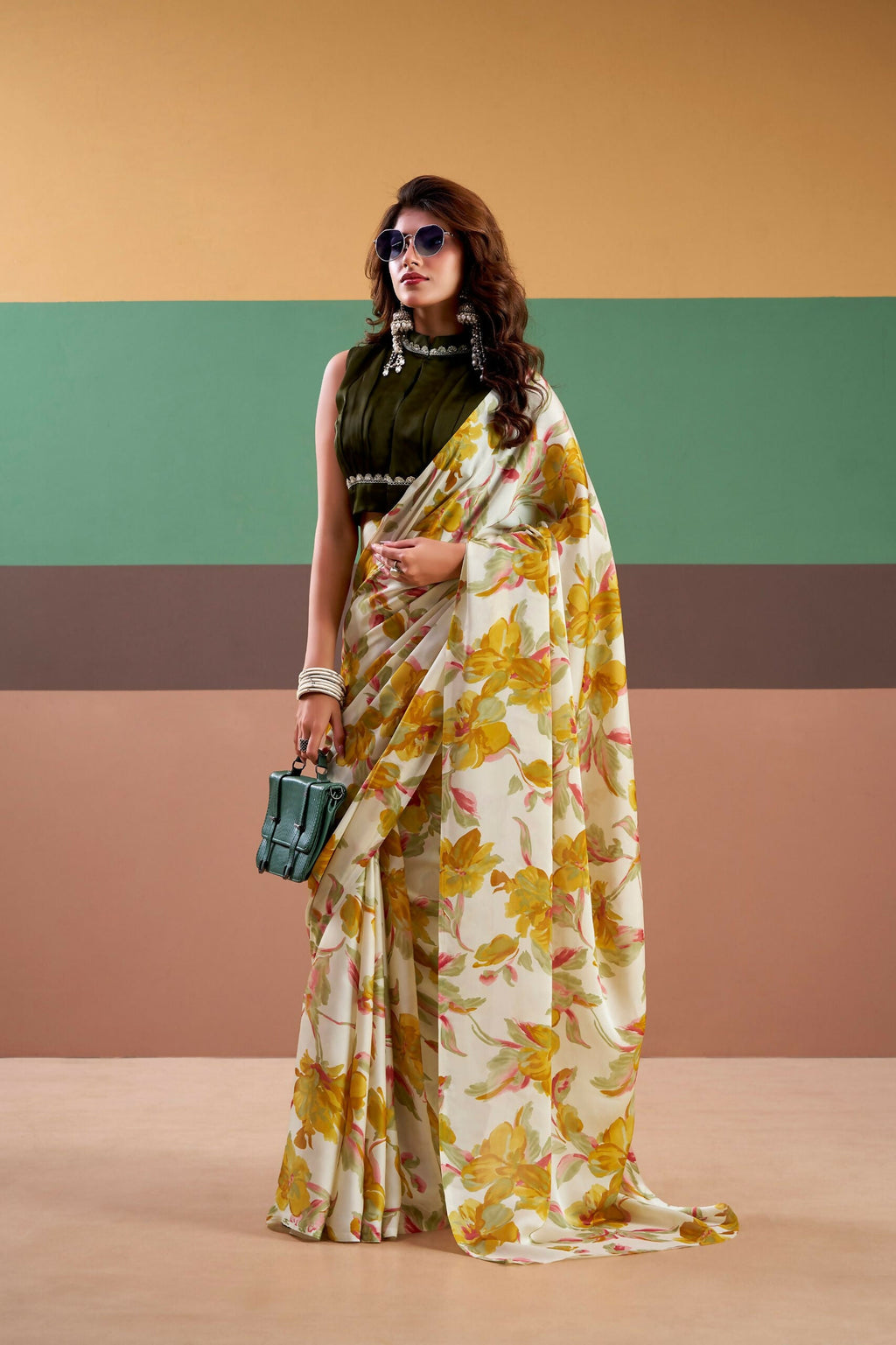 Vastranavya Yellow Satin Silk Floral Printed Saree with Stitched Blouse