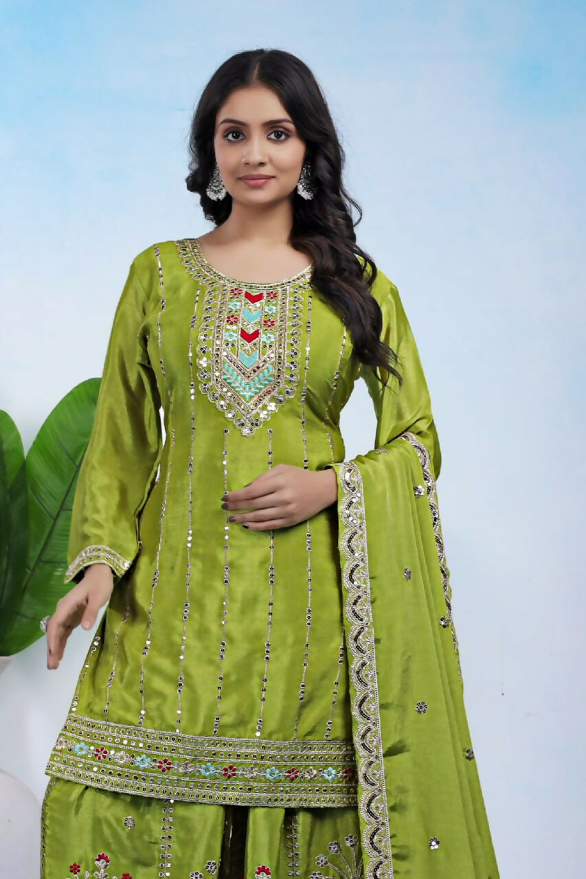 Joban Fashion Green Silk Embroidered Sharara Set