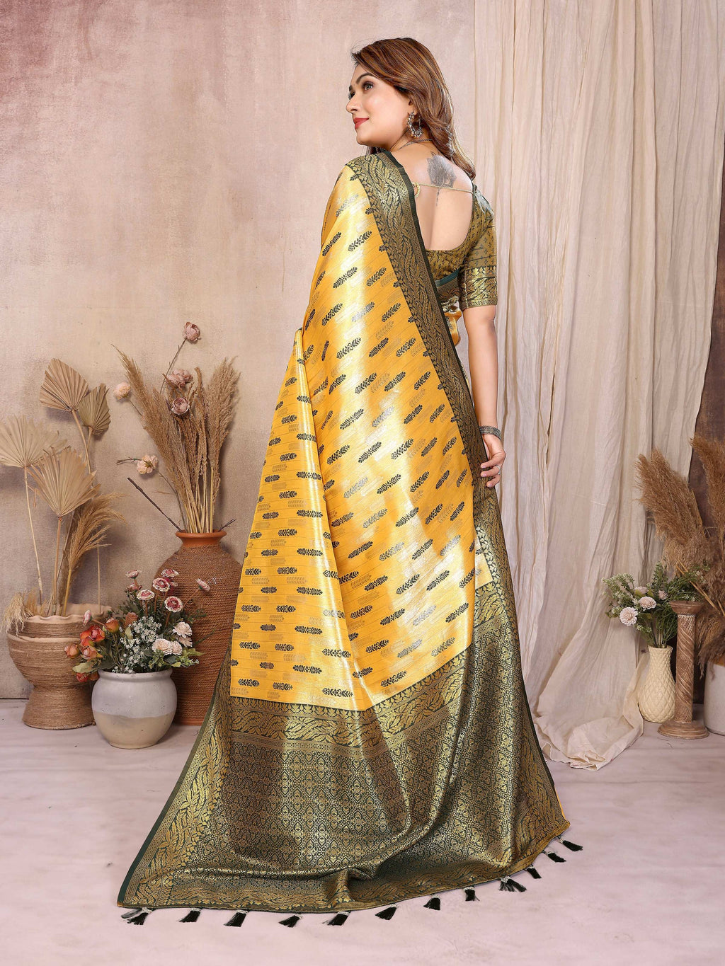Aastha Fashion Yellow Tissue Silk Paithani Woven Saree
