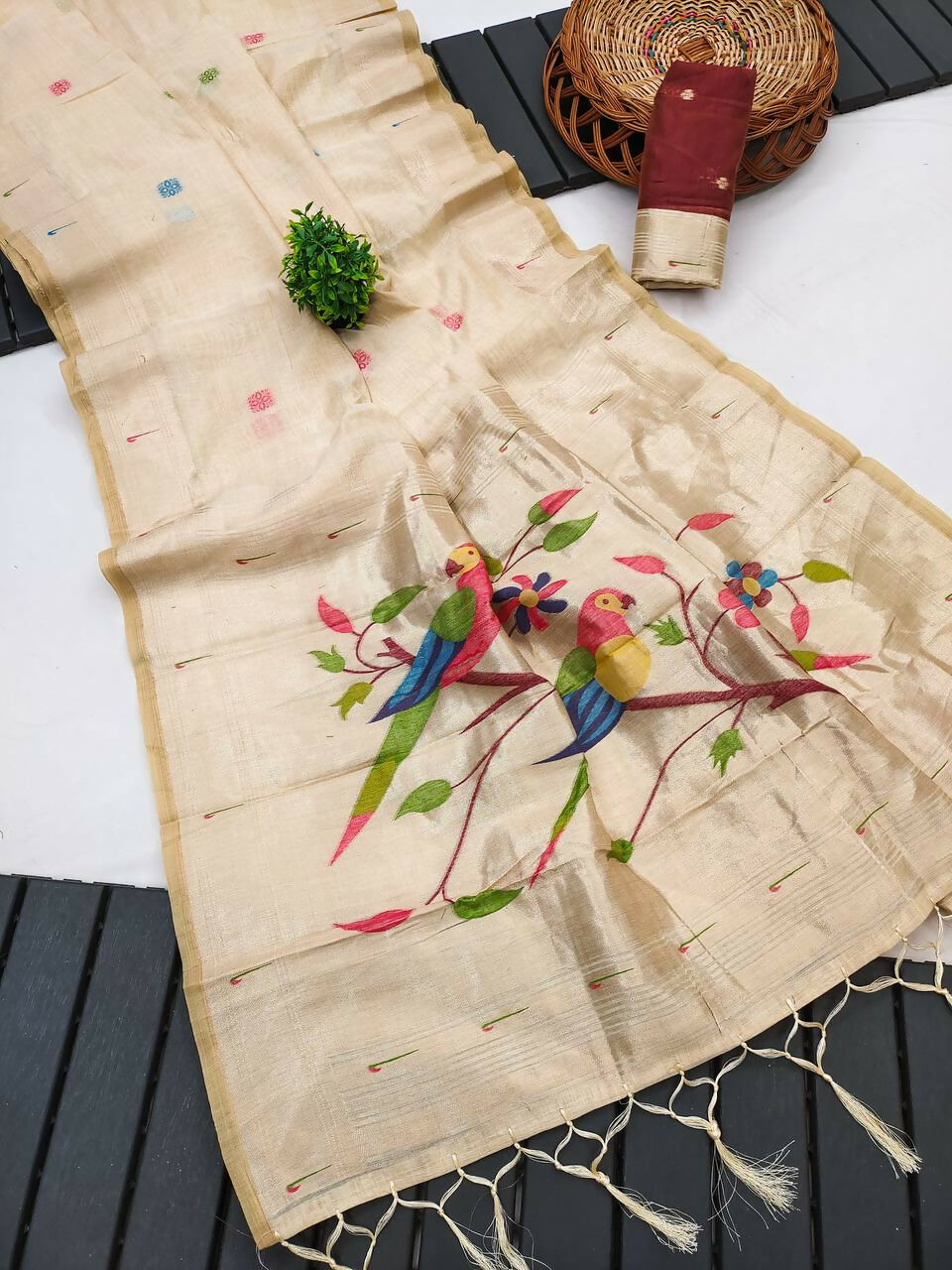 Vastranavya Cream Muga Cotton Meenakari & Munia Weaving Pallu Saree with Contrast Blouse