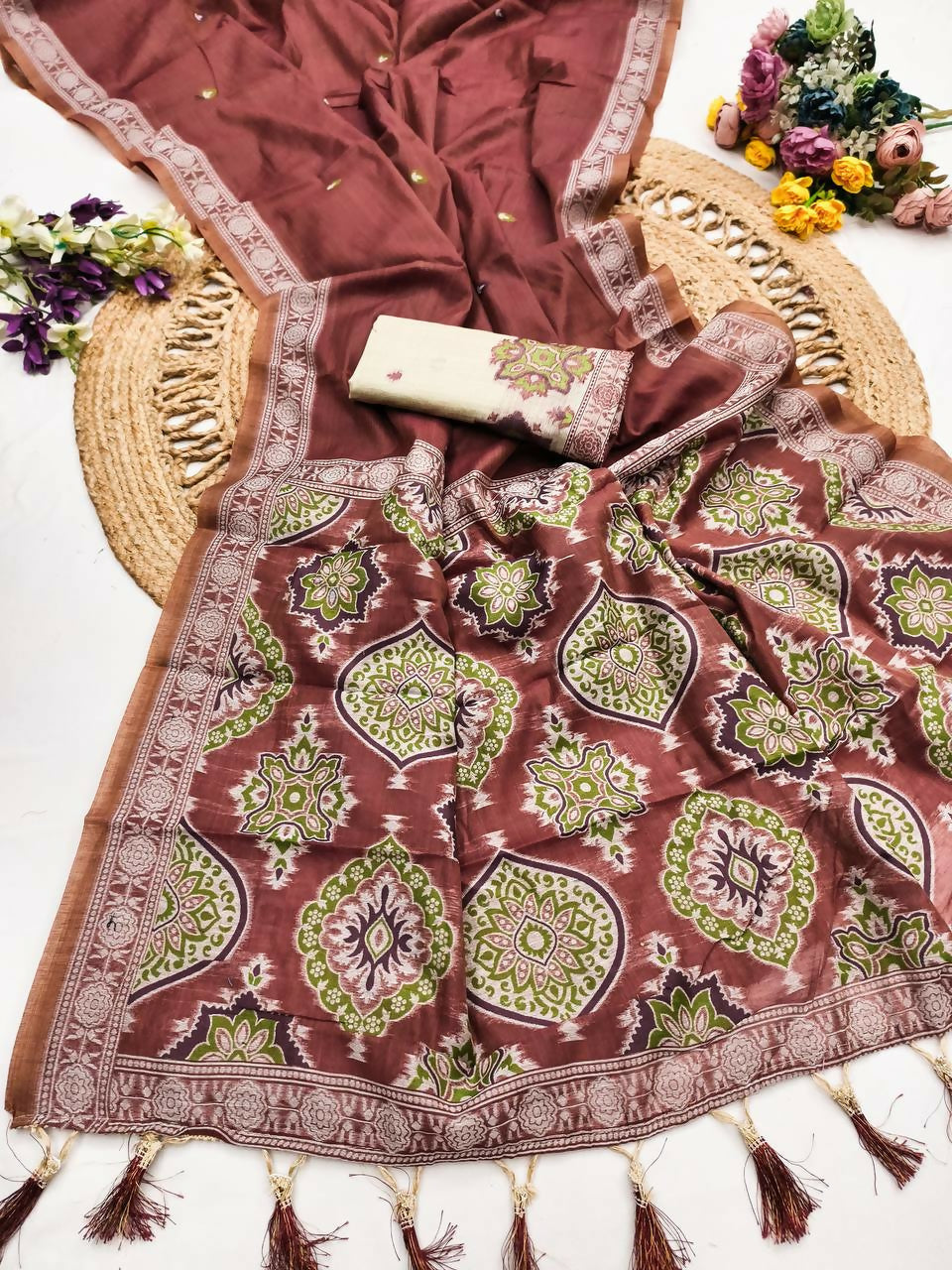 Vastranavya Maroon Muga Cotton Meenakari & Azarakh Pallu Saree with Contrast Blouse