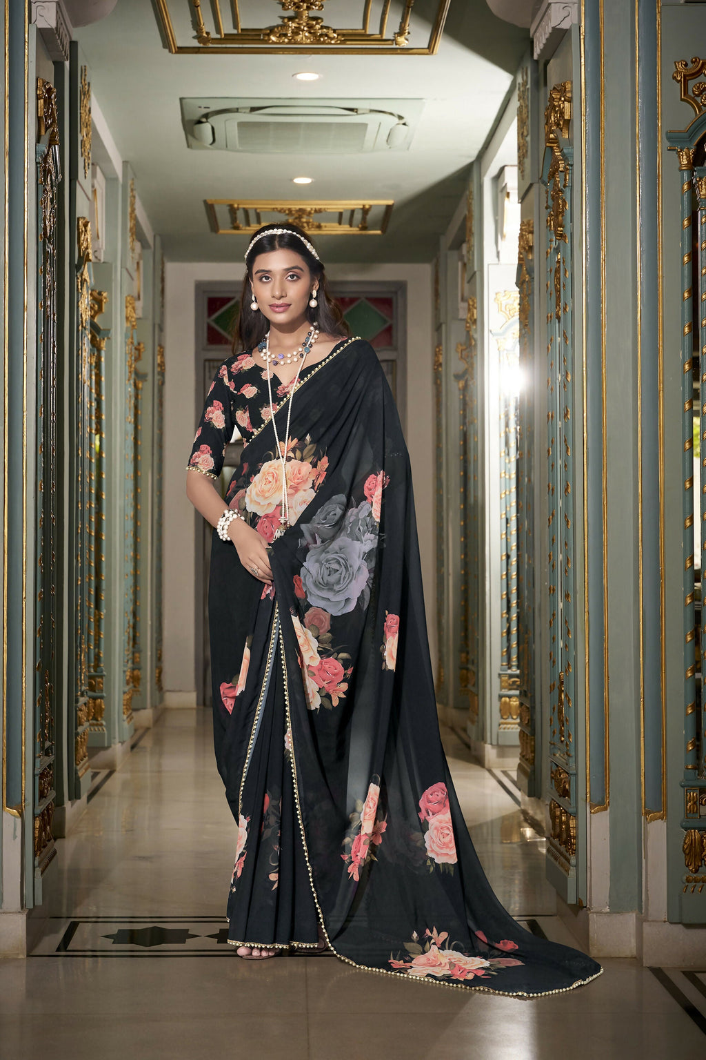 Vastranavya Black Spectacular Georgette Printed with Pearl Lace Saree with Unstitched Blouse