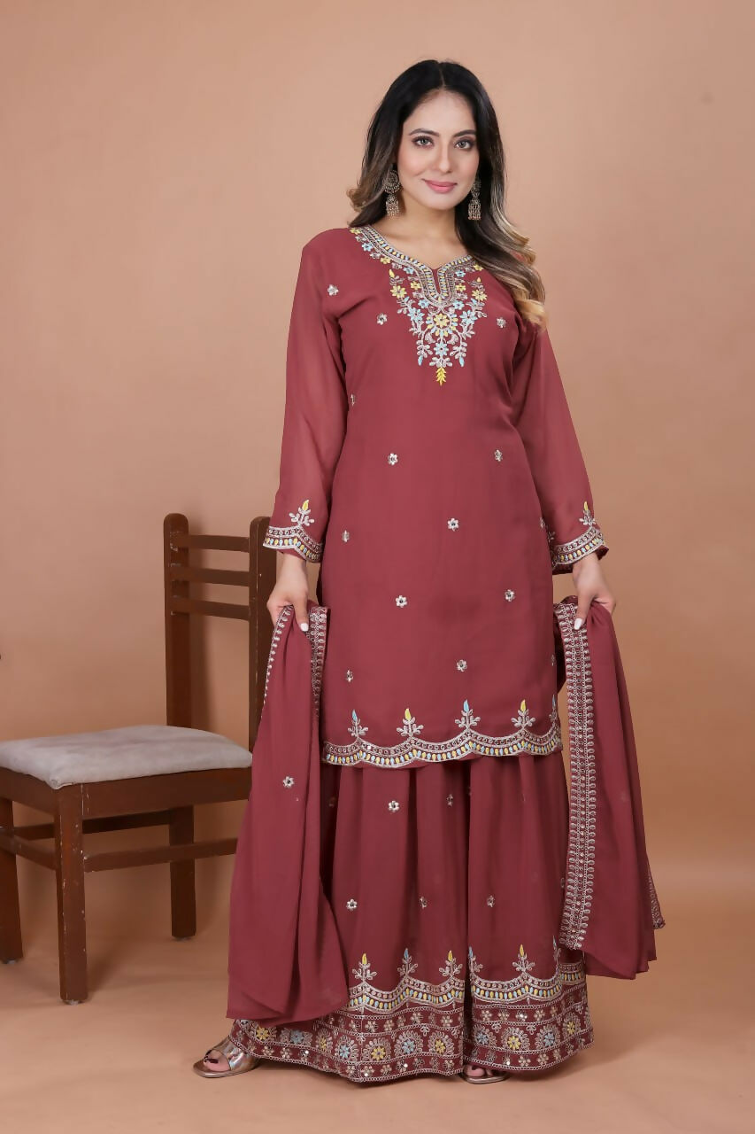 Joban Fashion Maroon Georgette Embroidered Sharara Set