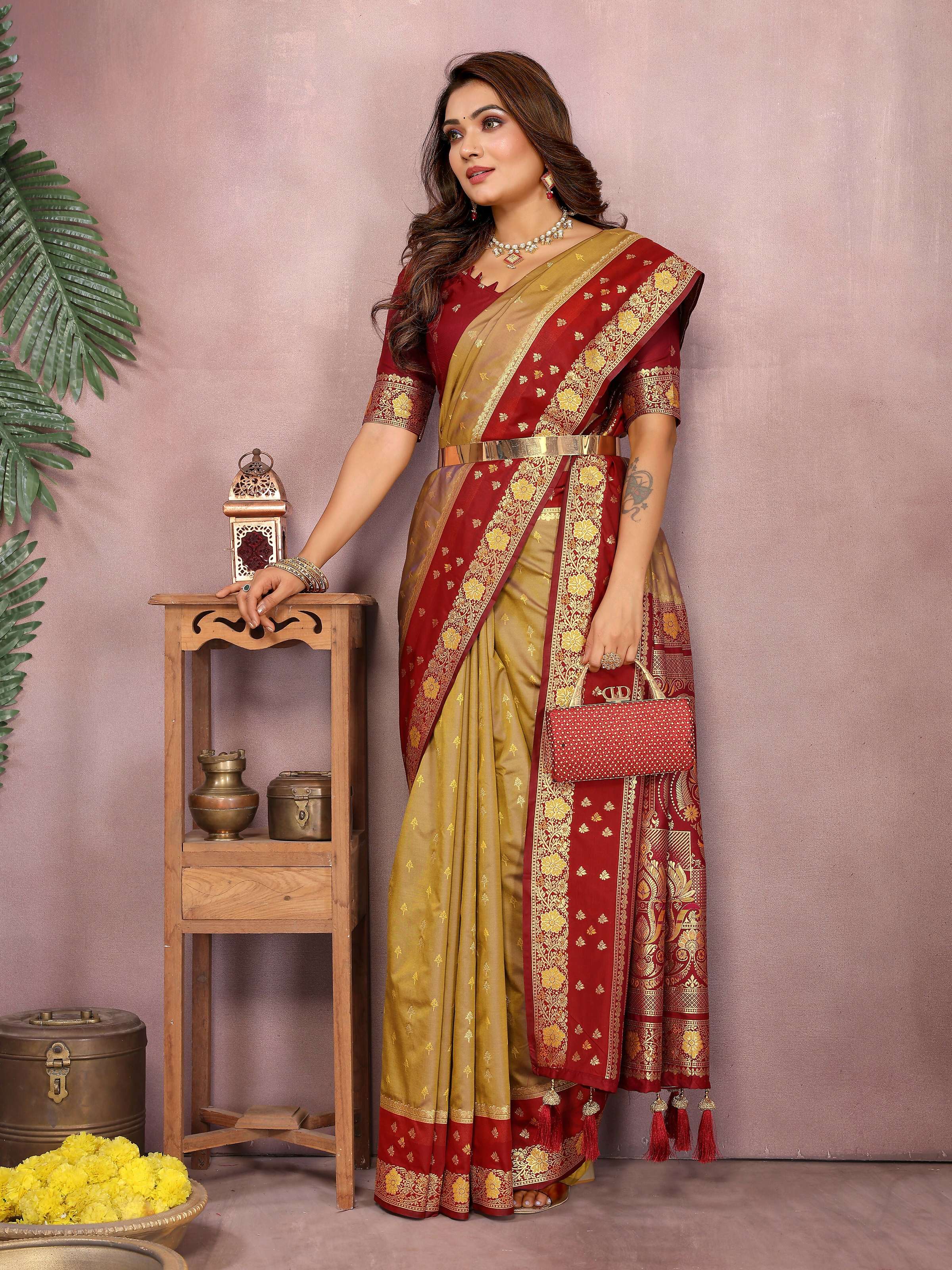 Aastha Fashion Mustard Kalamkari Silk Zari Woven Saree